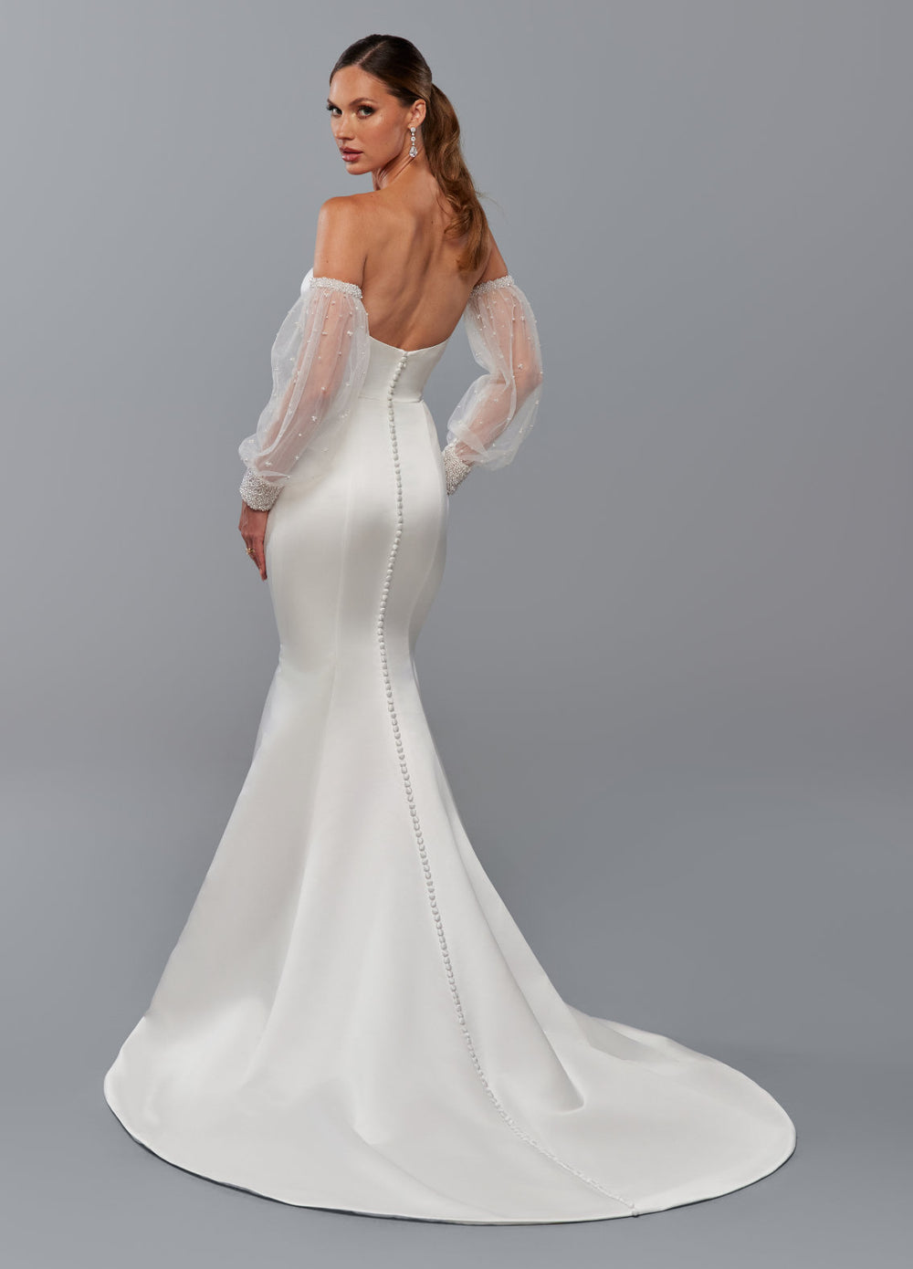 Ashley Justin Fawn 11255 sample sale fitted wedding dress with slit and long sleeves back view