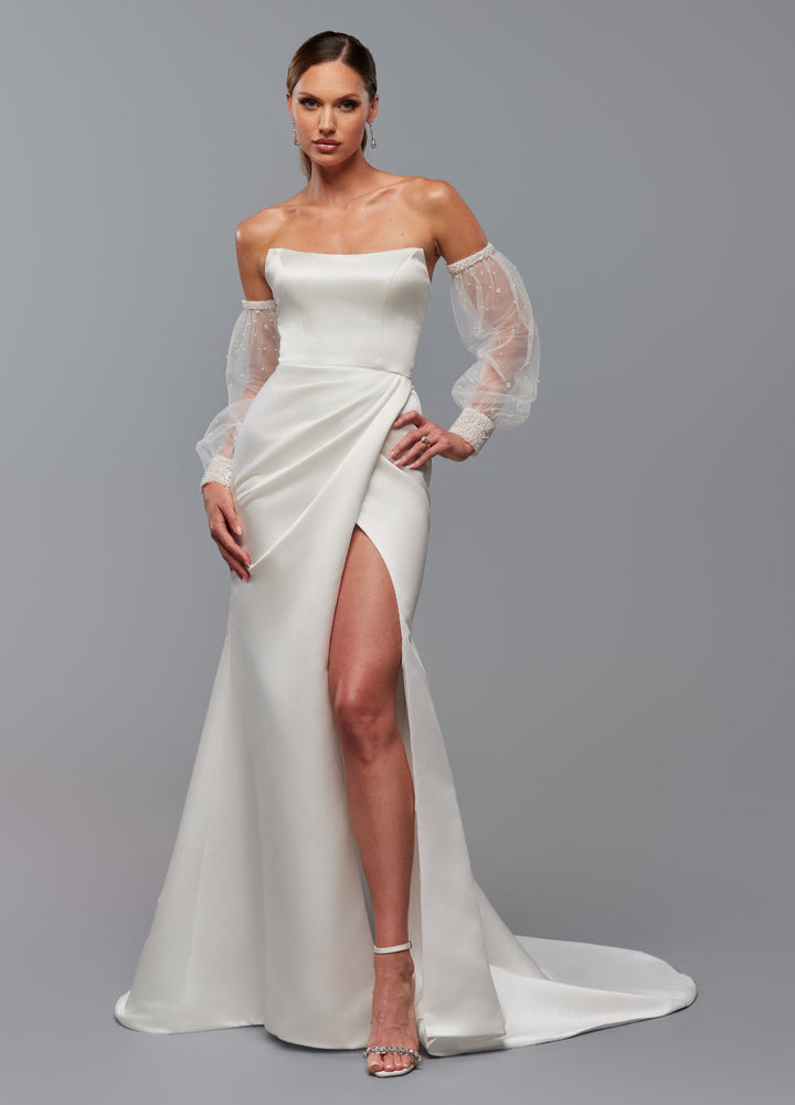 Ashley Justin Fawn 11255 sample sale fitted wedding dress with slit and long sleeves front view