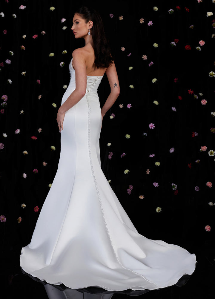 Ashley Justin Gardenia 11274 sample sale fitted strapless wedding dress with lace slit back view