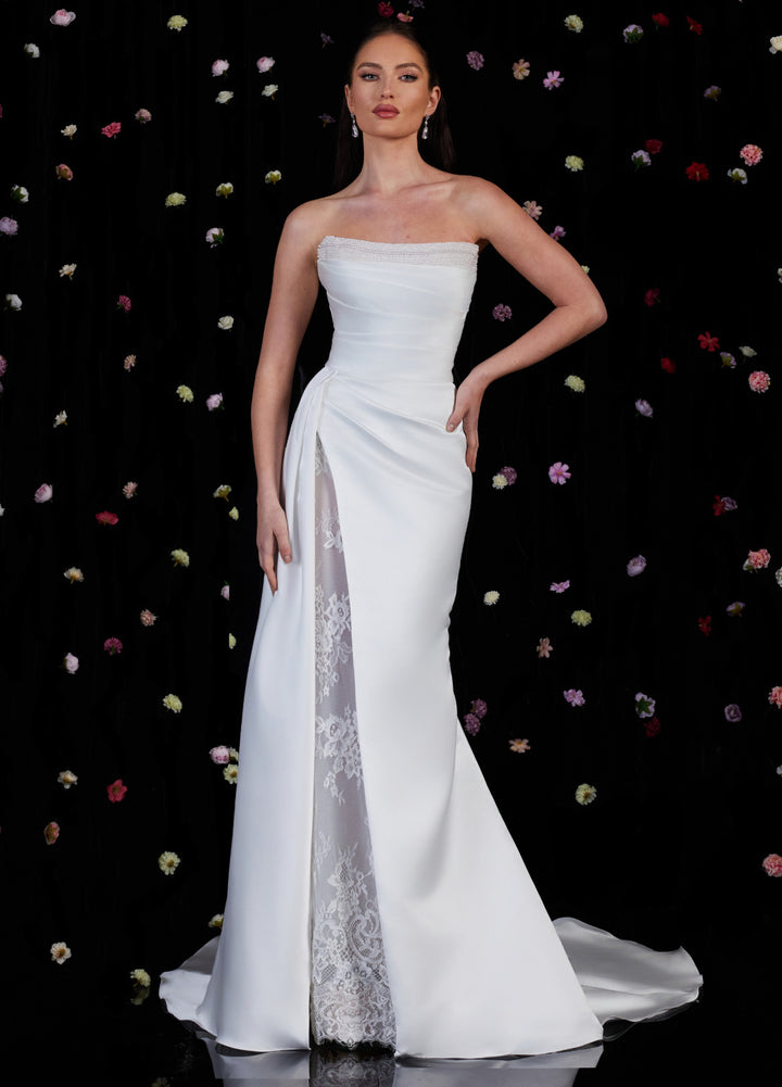 Ashley Justin Gardenia 11274 sample sale fitted strapless wedding dress with lace slit front view