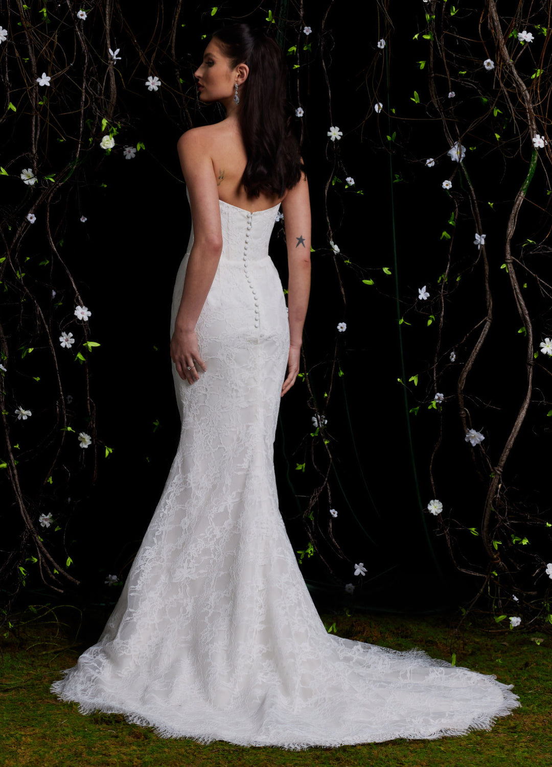Ashley & Justin Gloria 12061D sample sale lace mermaid wedding dress with basque waist  back view