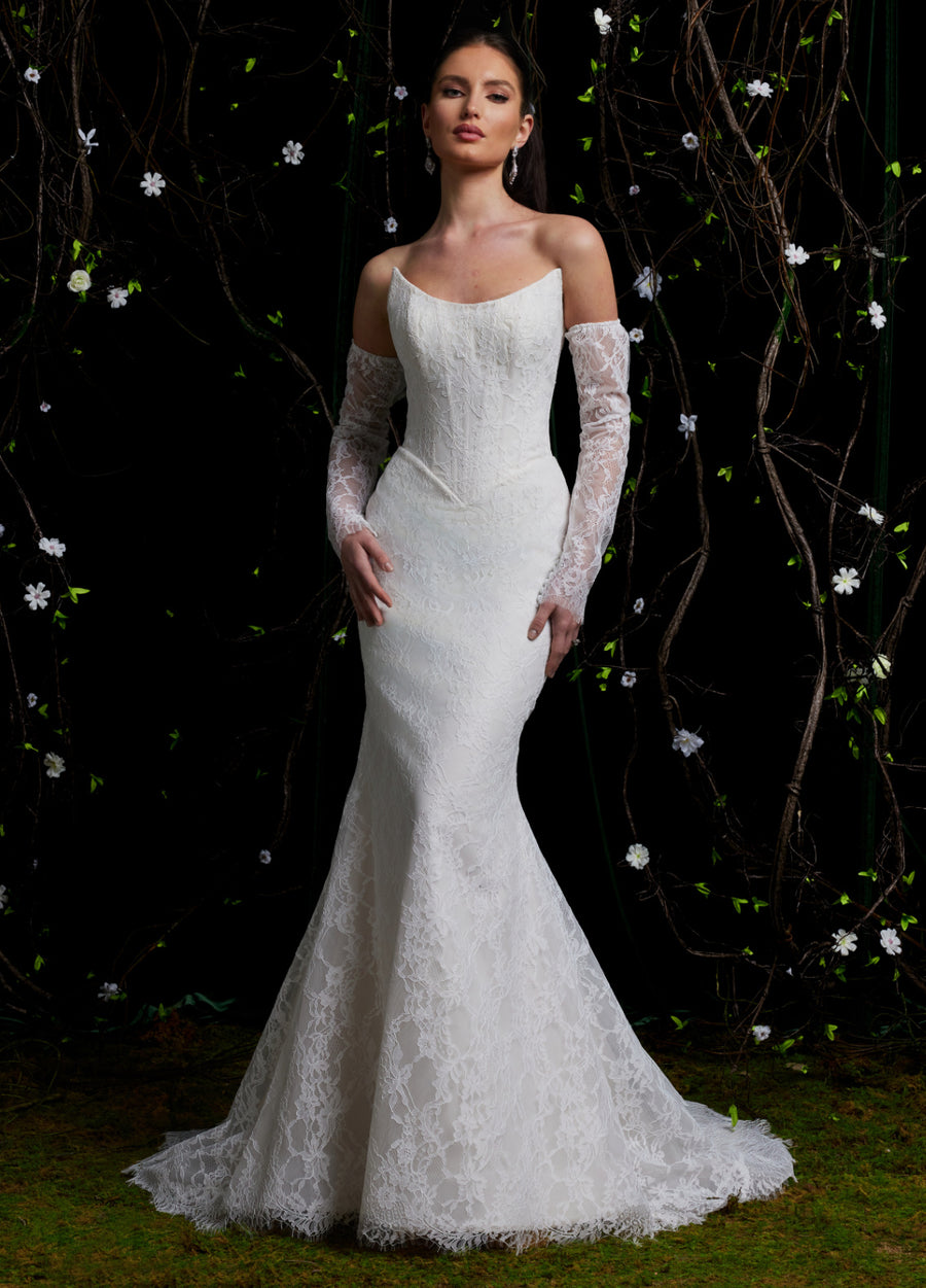 Ashley & Justin Gloria 12061D sample sale lace mermaid wedding dress with basque waist front view