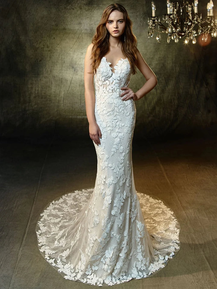 Blue By Enzoani Lesley sample sale wedding dress fitted with lace and low back front view