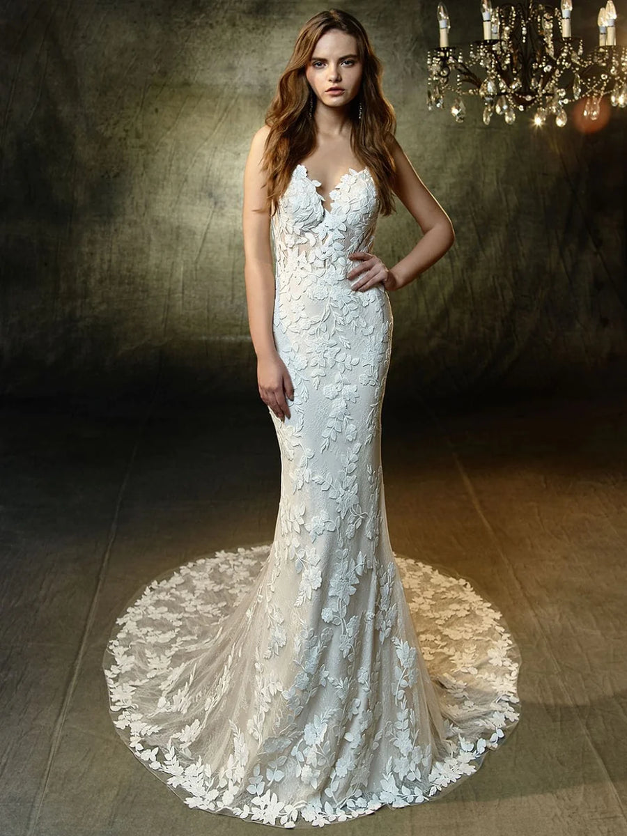 Blue By Enzoani Lesley sample sale wedding dress fitted with lace and low back front view