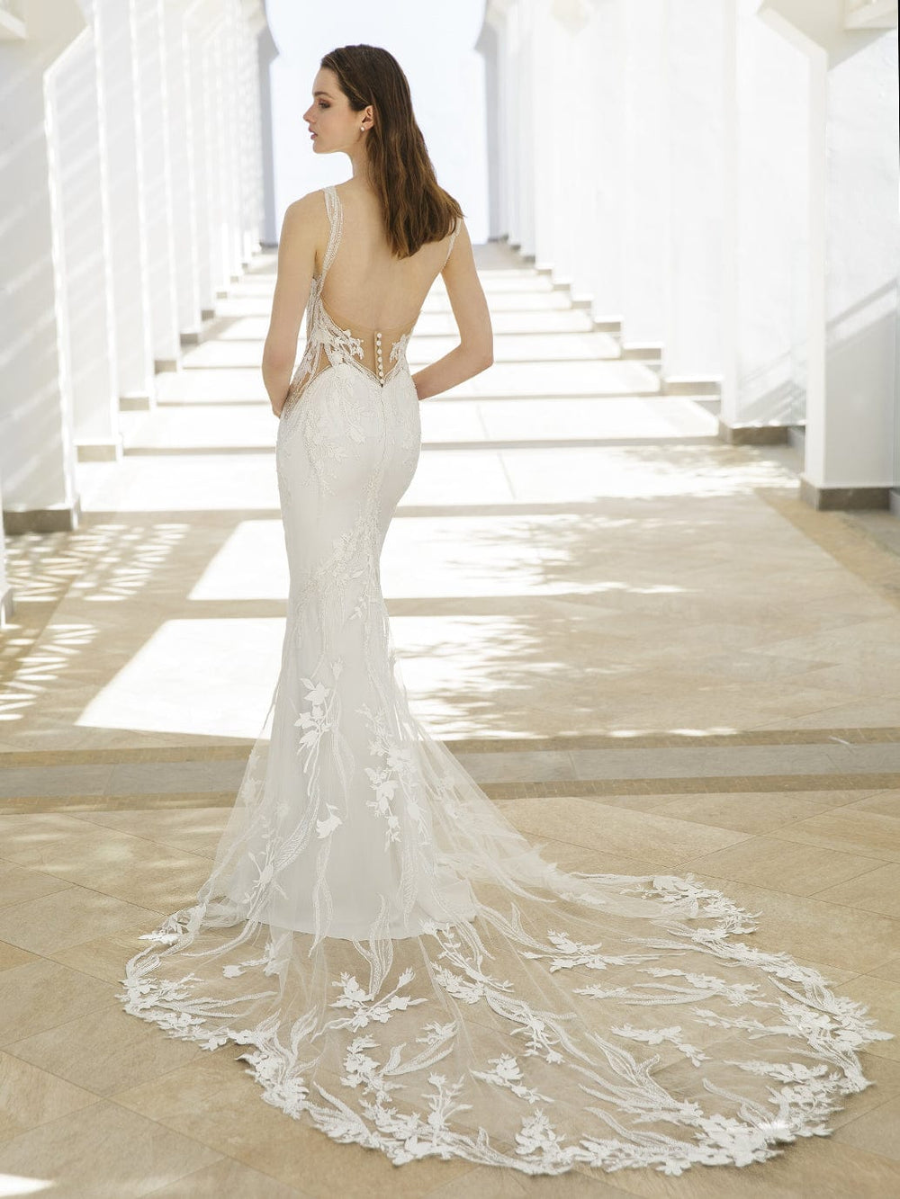 Blue by Enzoani Rhea sample sale fitted wedding with floral appliqués back view