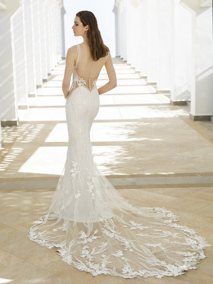 Blue by Enzoani Rhea sample sale fitted wedding with floral appliqués back view
