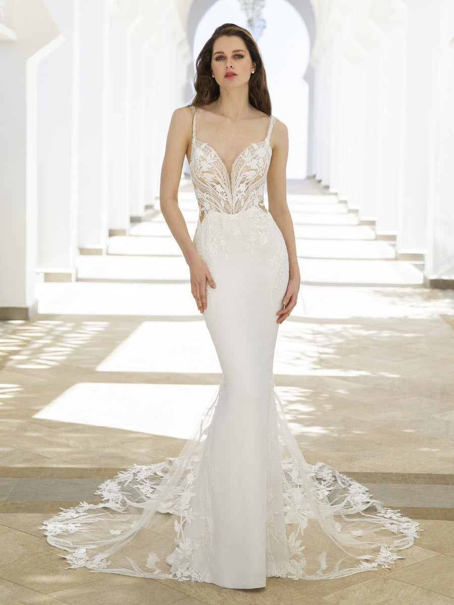 Blue by Enzoani Rhea sample sale fitted wedding with floral appliqués front view