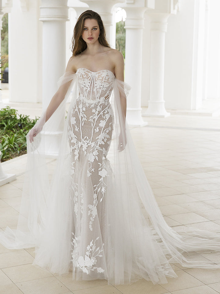 Blue by Enzoani Rowan sample sale strapless mermaid wedding dress with floral design front view
