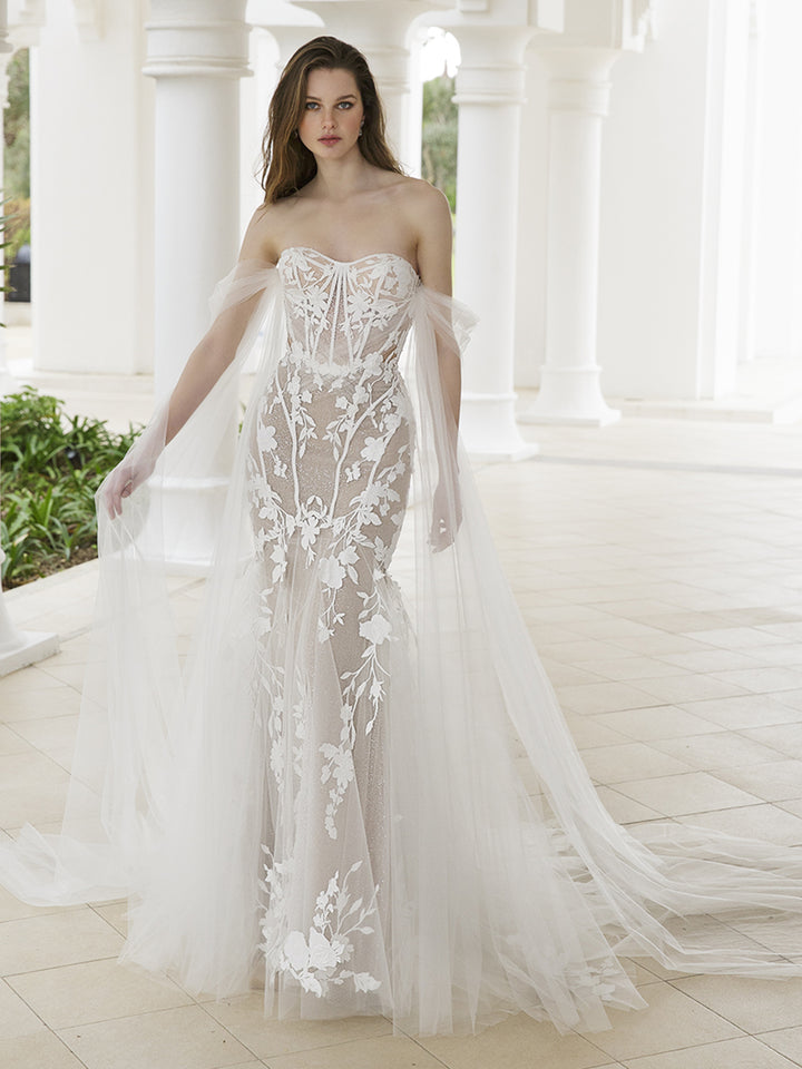 Blue by Enzoani Rowan strapless mermaid wedding dress with floral design front view