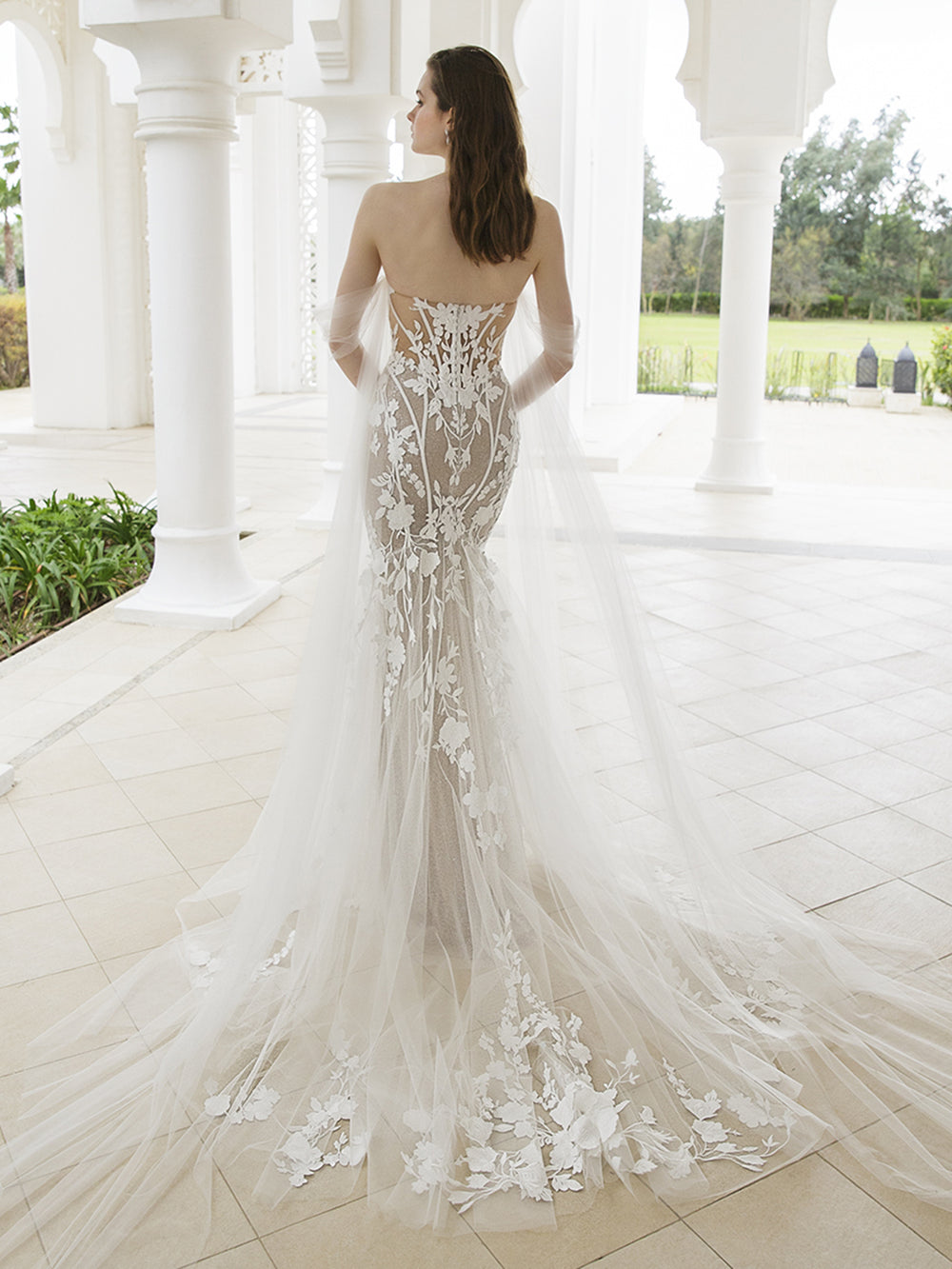 Blue by Enzoani Rowan strapless mermaid wedding dress with floral design train view