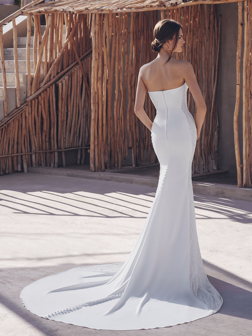 Blue By Enzoani Samara sample sale wedding dress fitted strapless crepe fabric with sparkles back view