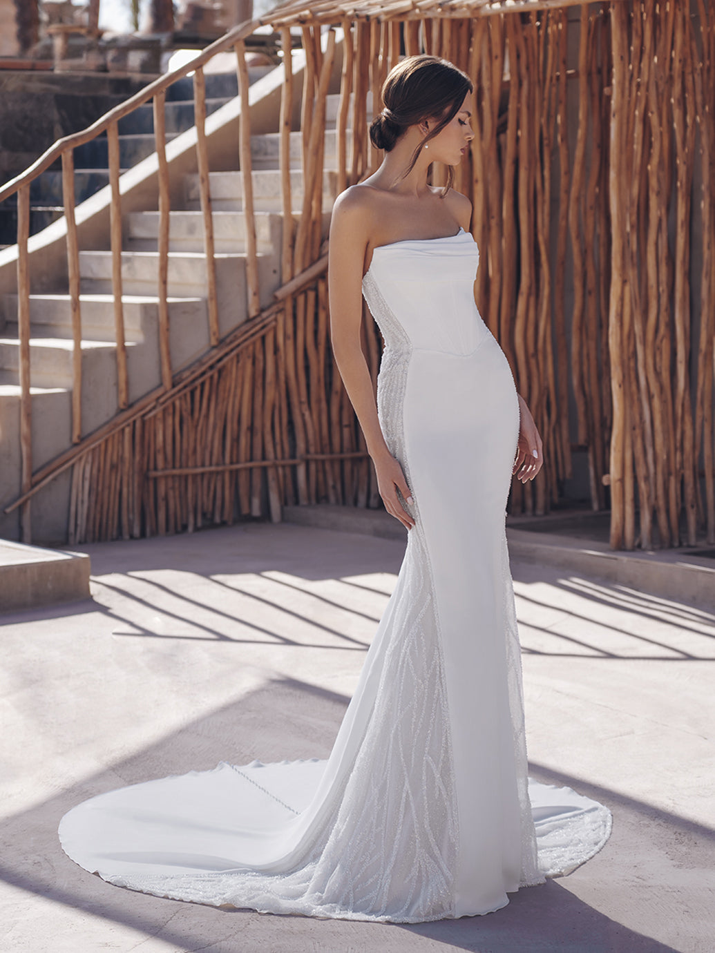Blue By Enzoani Samara sample sale wedding dress fitted strapless crepe fabric with sparkles front view