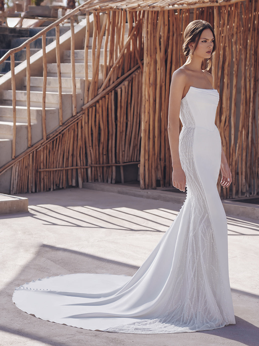Blue By Enzoani Samara sample sale wedding dress fitted strapless crepe fabric with sparkles train view