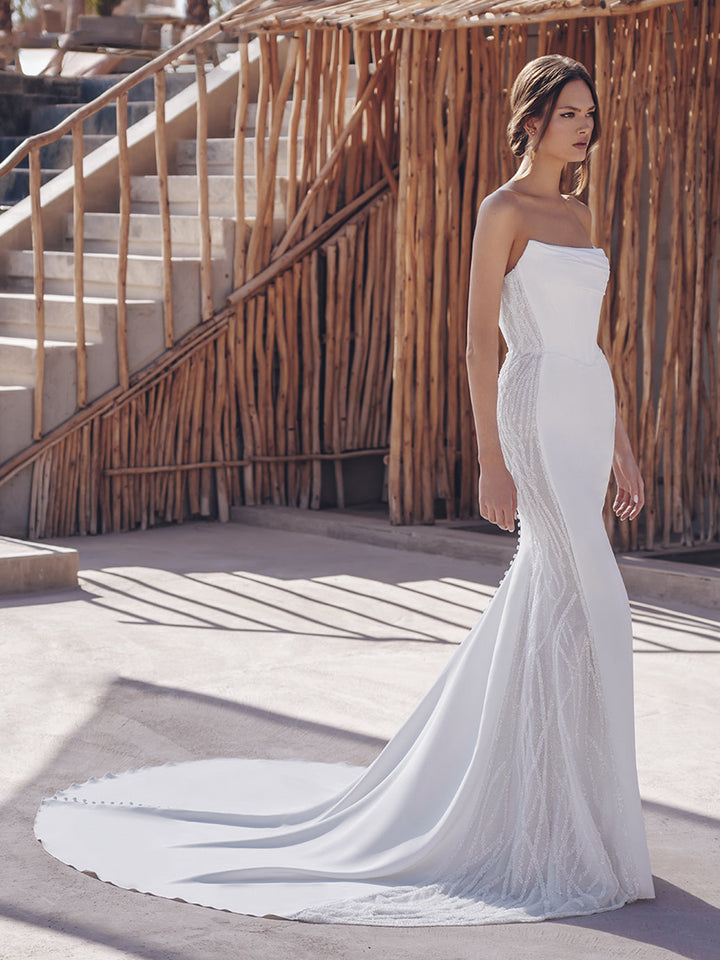 Blue By Enzoani Samara sample sale wedding dress fitted strapless crepe fabric with sparkles train view