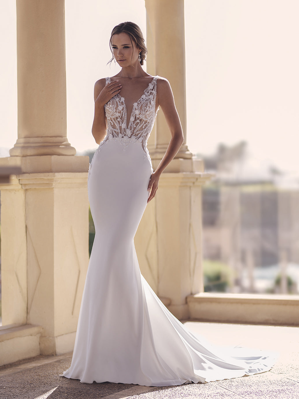 Blue by Enzoani Seng sample sale fitted wedding dress with floral beaded design front view