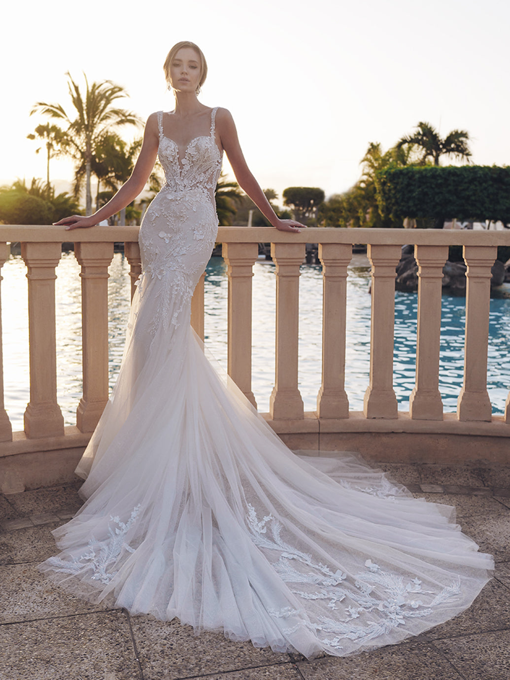 Blue By Enzoani Sidney sample sale mermaid wedding dress with floral details front with train view