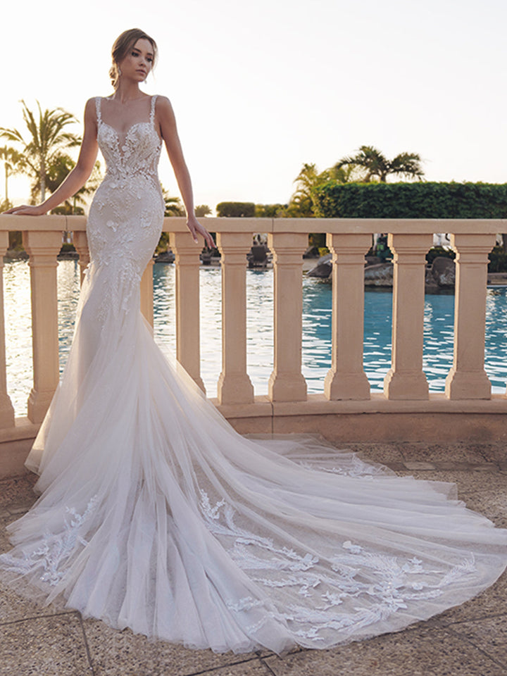 Blue By Enzoani Sidney sample sale mermaid wedding dress with floral details train details view