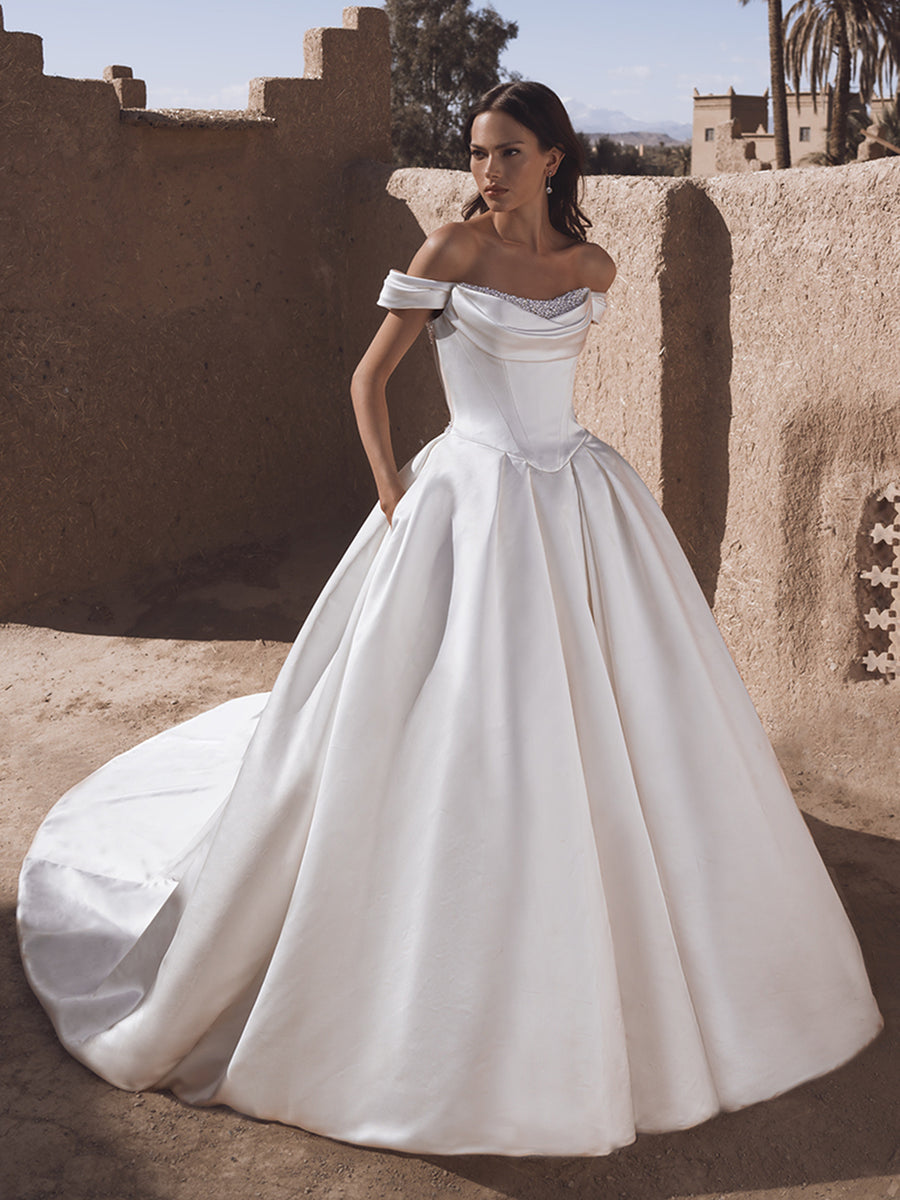 Blue By Enzoani Temina sample sale ballgown wedding dress with off the shoulder straps and structured bodice front view