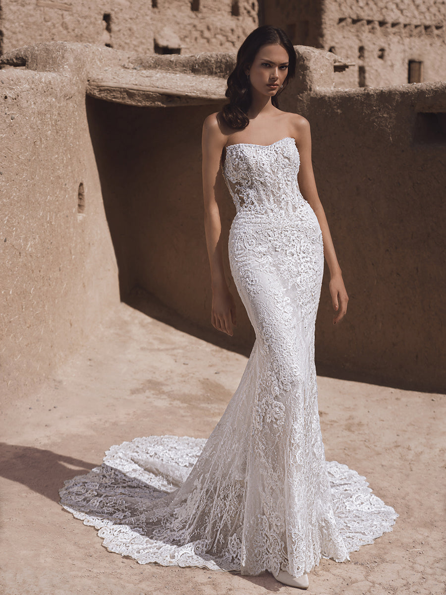 Blue by Enzoani Tula sample sale lace fitted wedding dress with structured bodice and beads front view