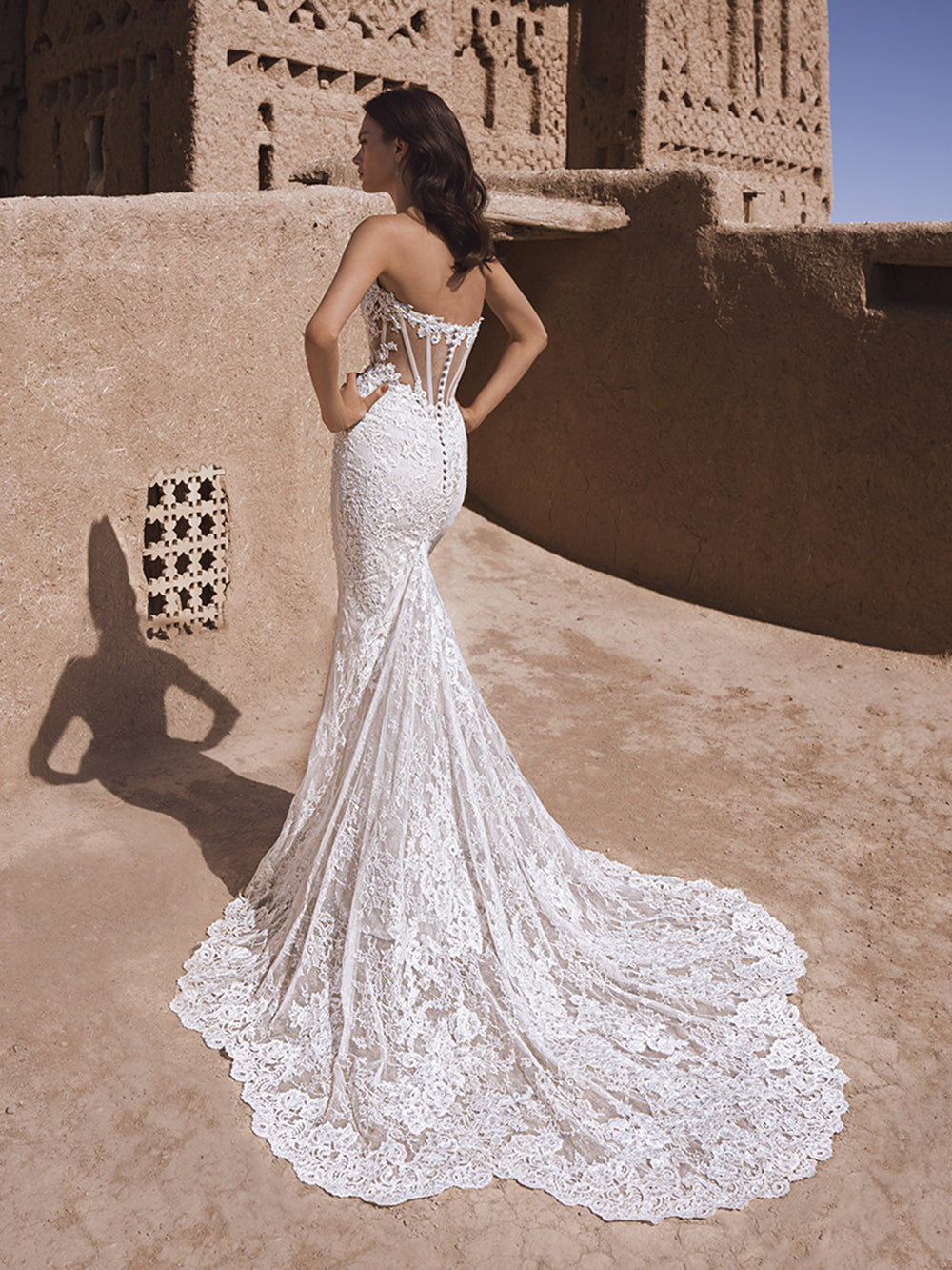 Blue by Enzoani Tula sample sale lace fitted wedding dress with structured bodice and beads back view