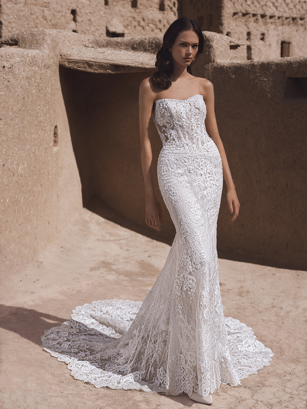 Blue by Enzoani Tula sample sale lace fitted wedding dress with structured bodice and beads front view