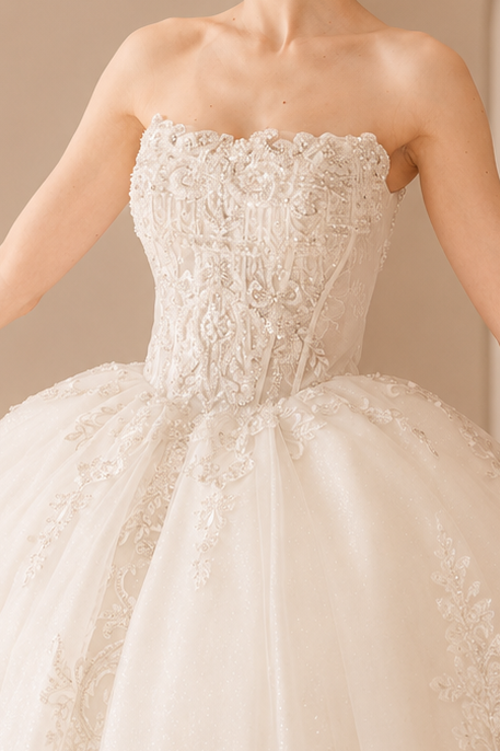 Bride wearing a curated designer wedding dress at Camellia Wedding Gown in Toronto.