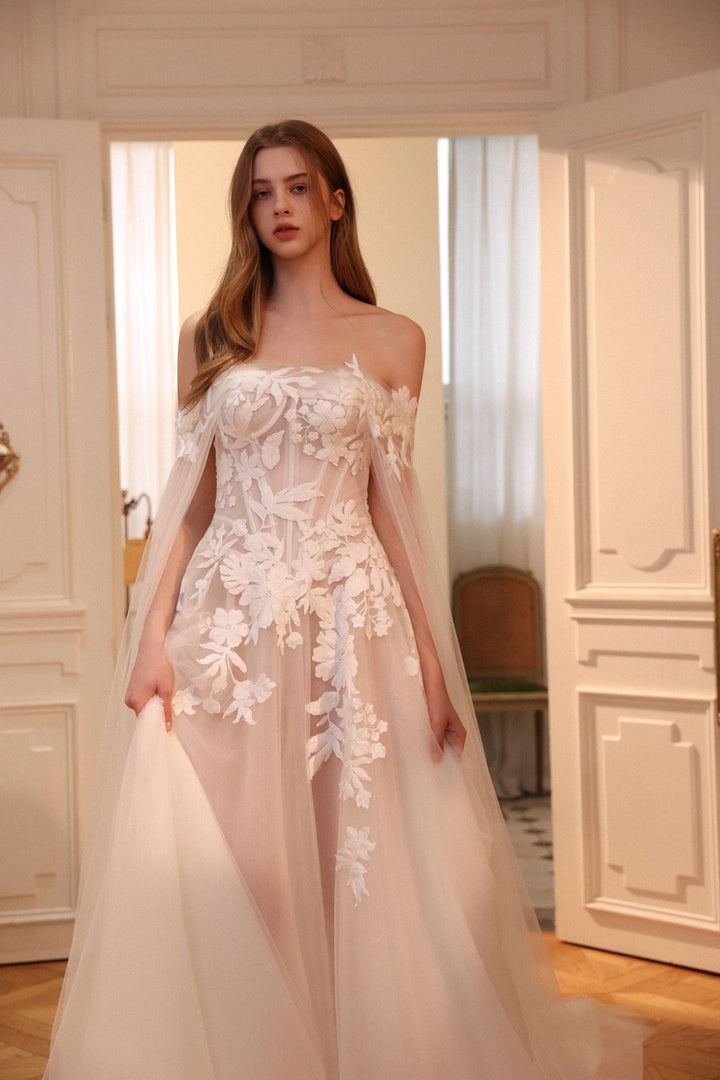 Choie Iridelle sample sale aline wedding dress with floral appliqués front details view