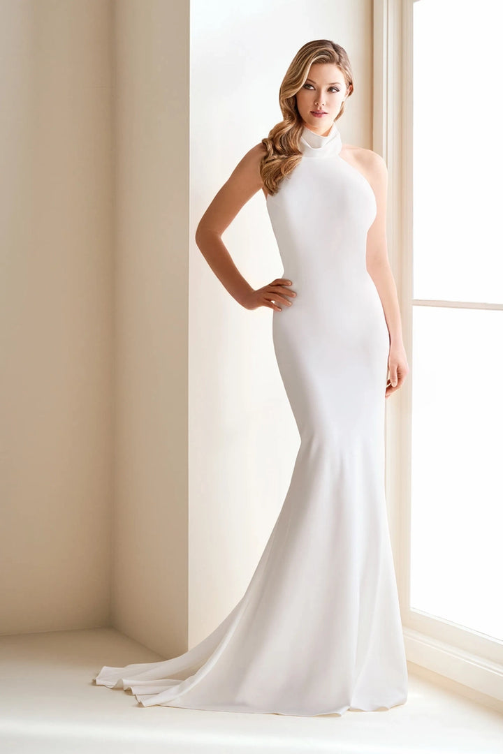 Enchanting E1007 sample sale fitted wedding dress halter neckline front view