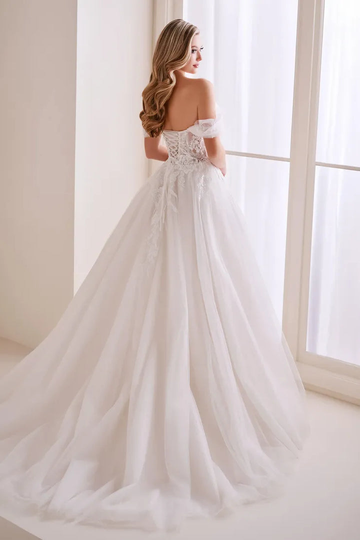 Enchanting E410 sample sale ball gown wedding dress with floral lace and sweetheart neckline back view