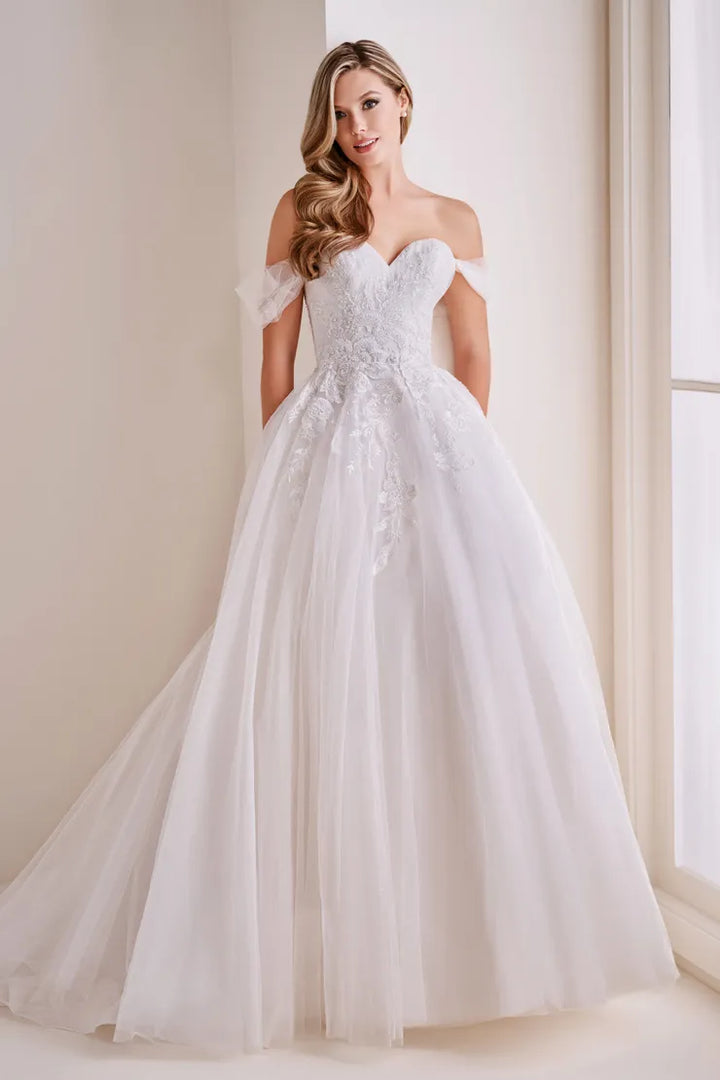 Enchanting E410 sample sale ball gown wedding dress with floral lace and sweetheart neckline front view