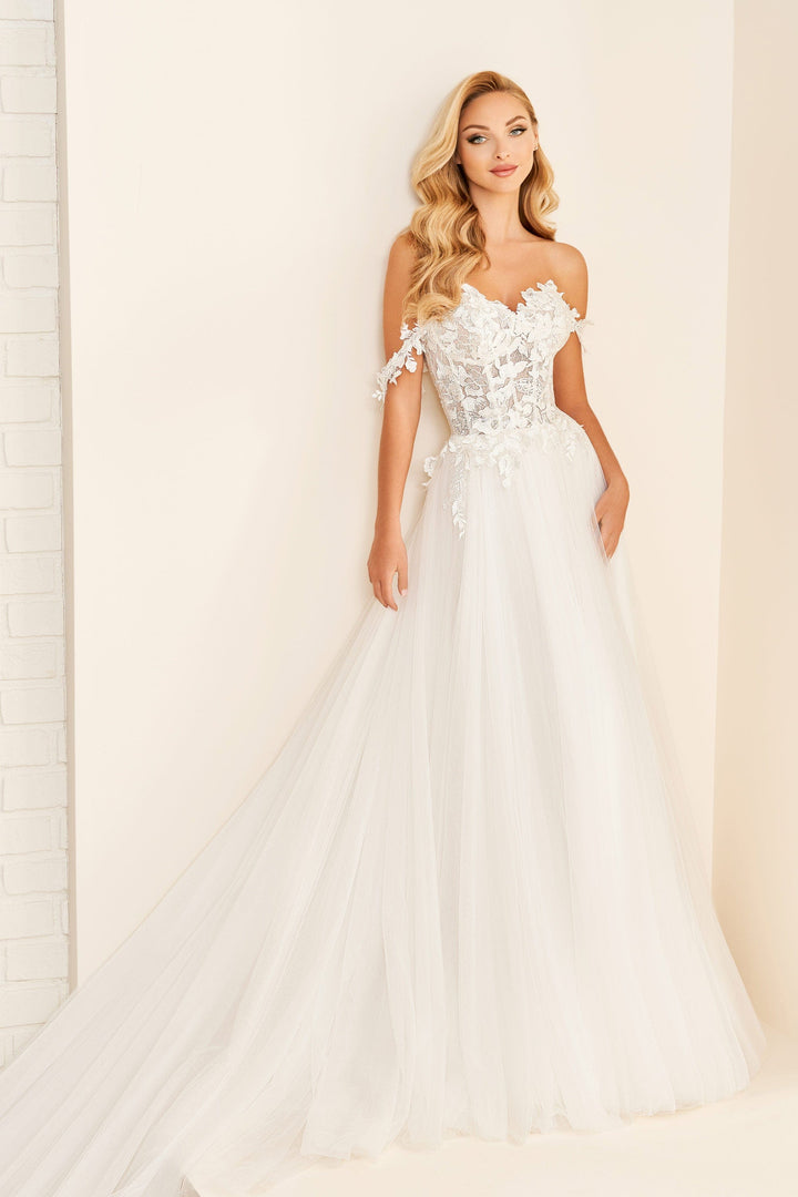 Enchanting E522 sample sale a-line wedding dress with off-the-shoulders straps and floral lace front view