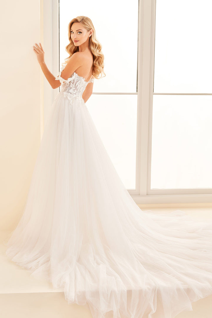 Enchanting E522 sample sale a-line wedding dress with off-the-shoulders straps and floral lace side view