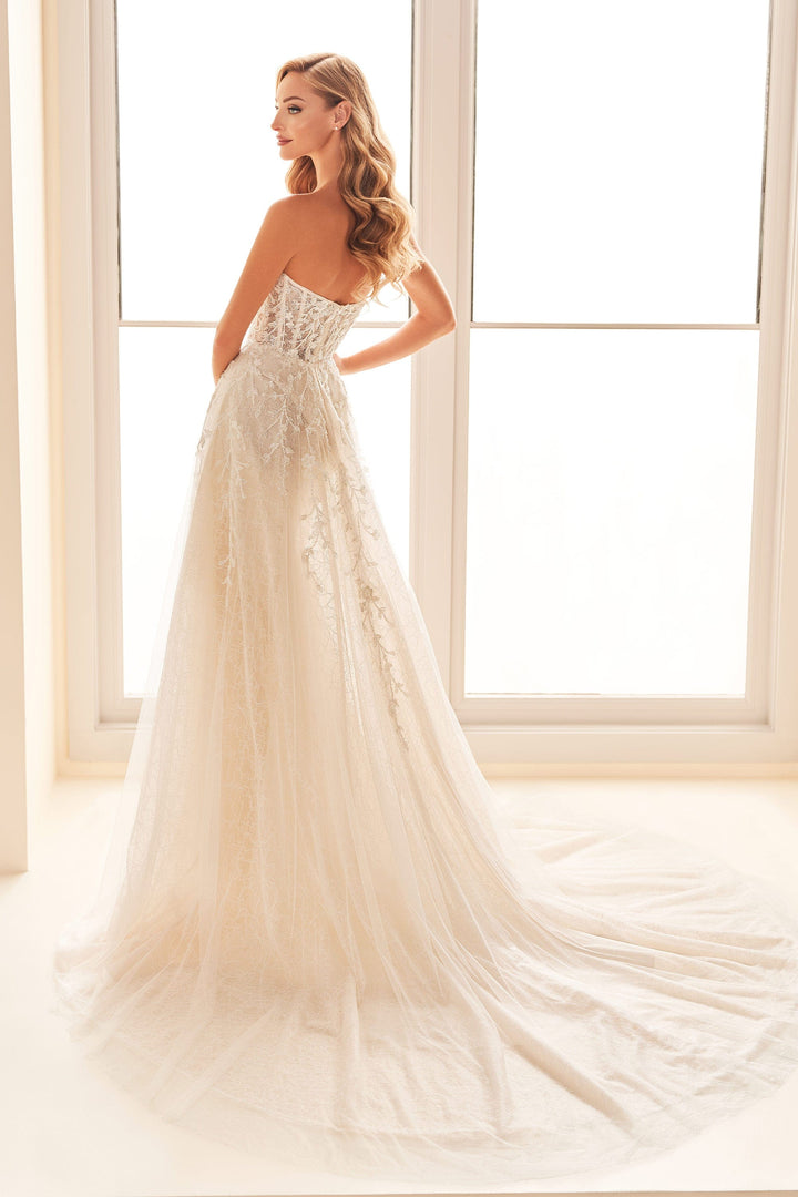 Enchanting E526 sample sale aline wedding dress with beaded floral lace back view