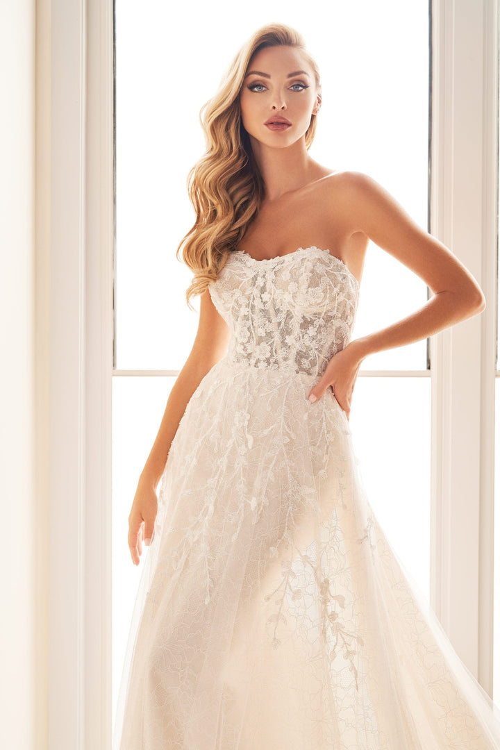 Enchanting E526 sample sale aline wedding dress with beaded floral lace front details view