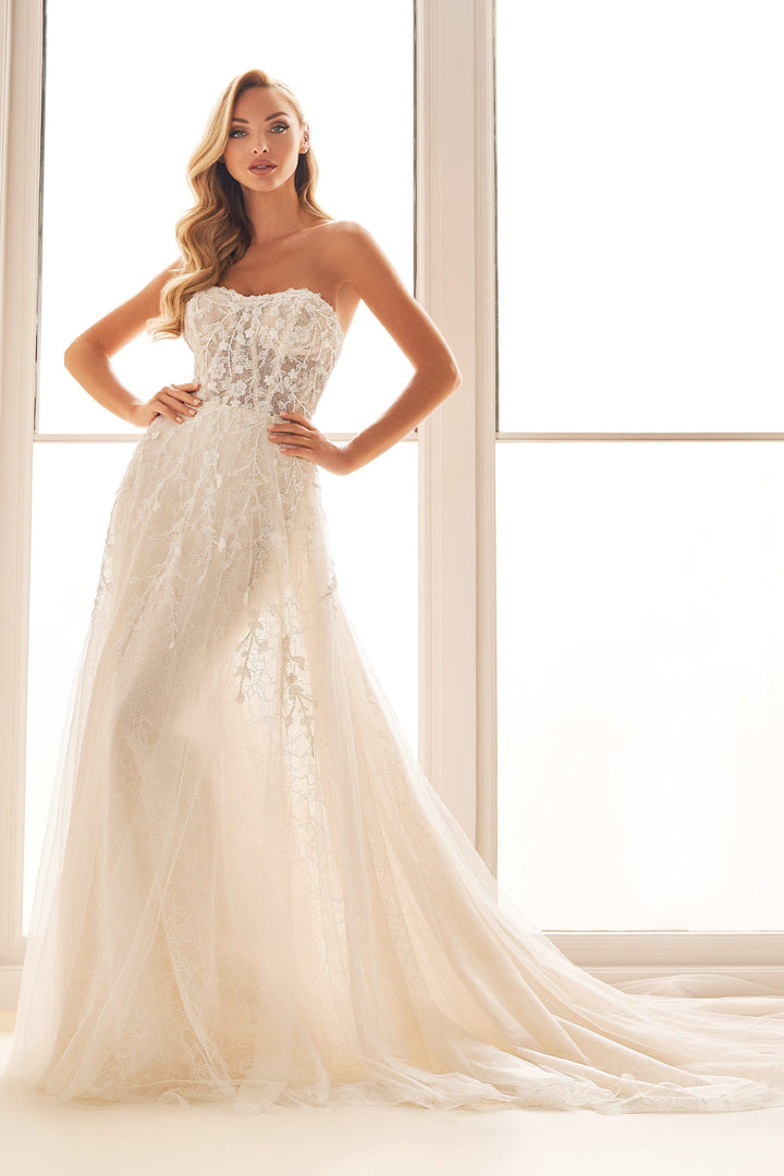 Enchanting E526 sample sale aline wedding dress with beaded floral lace front view