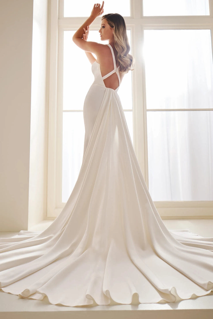 Enchanting E605 sample sale fitted wedding dress with overskirt and square neckline train view