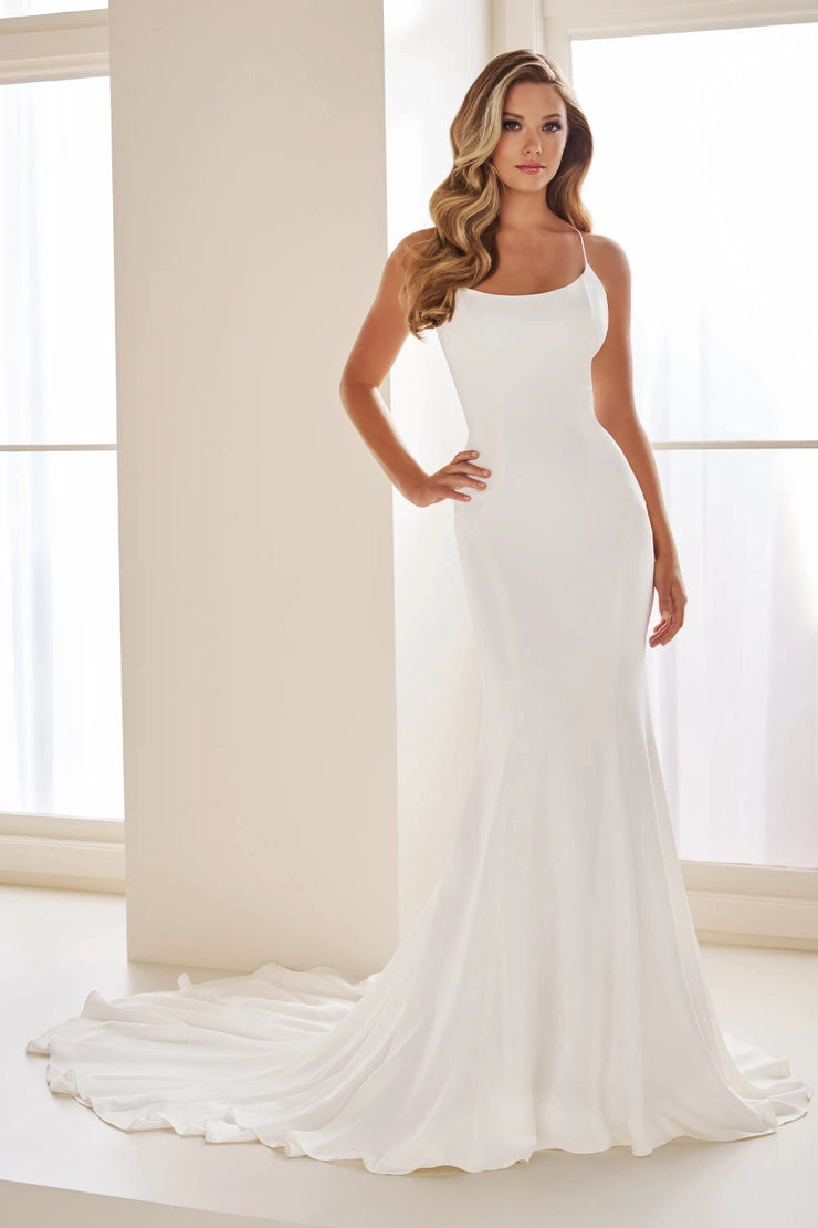 Enchanting E607 sample sale fitted wedding dress with low back front view