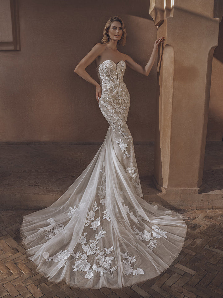 Enzoani Ursa sample sale fitted strapless wedding dress with sparkly floral appliqué front and train view