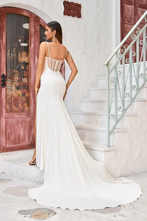 Jadore Ja7004 sample sale wedding dress with leg slit and spaghetti straps back view