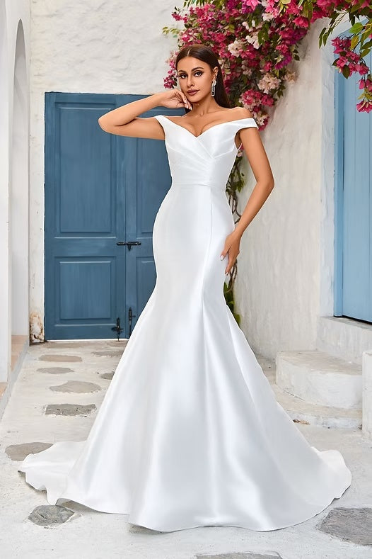 Jadore JA7005 sample sale trumpet wedding dress with off the shoulder straps front view