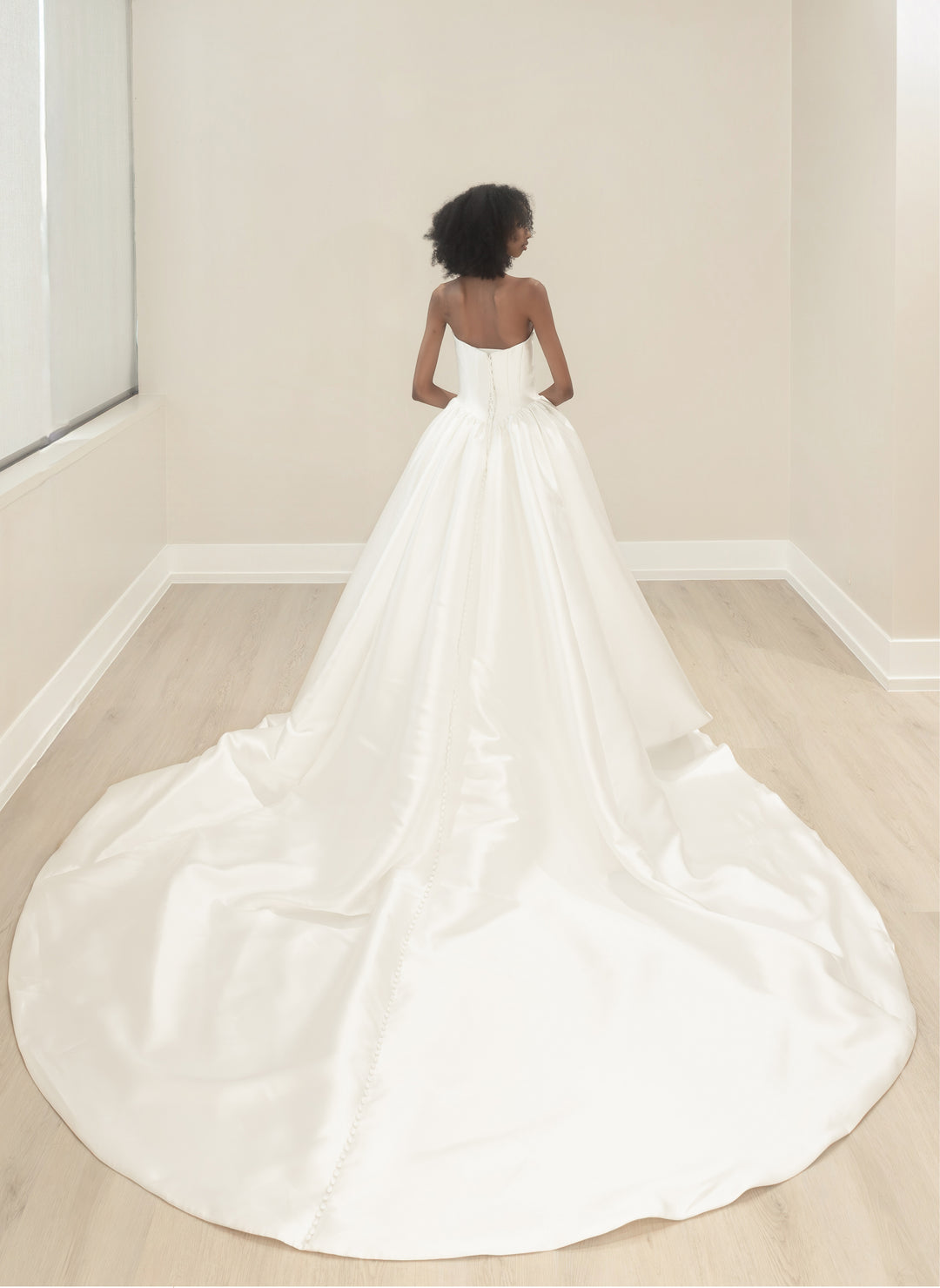 Magnolia Couture Gardenia sample sale ballgown wedding dress with mikado fabric and Basque waist back view