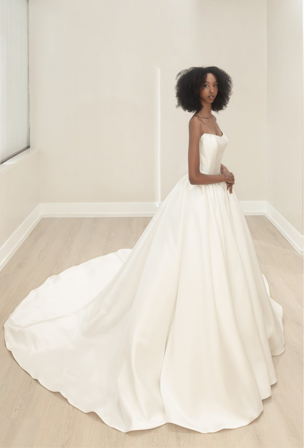 Magnolia Couture Gardenia sample sale ballgown wedding dress with mikado fabric and Basque waist side view