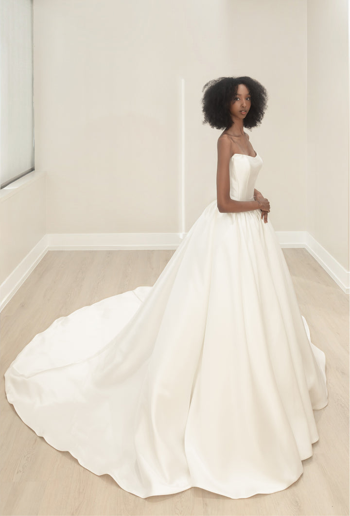 Magnolia Couture Gardenia sample sale ballgown wedding dress with mikado fabric and Basque waist side view