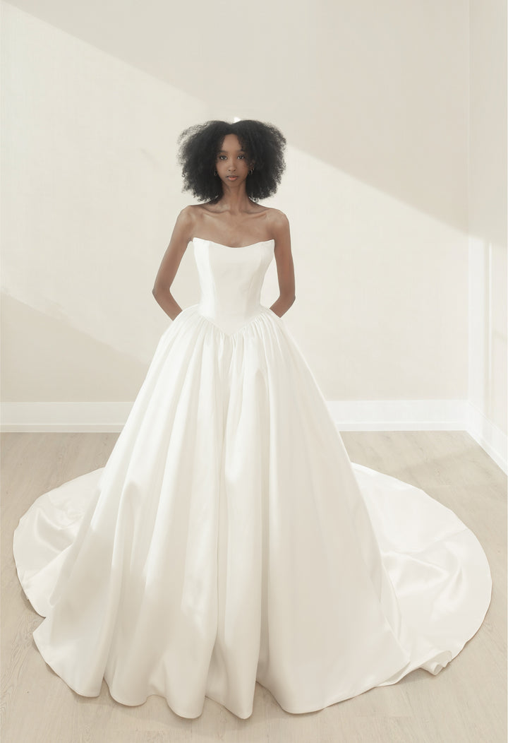 Magnolia Couture Gardenia sample sale ballgown wedding dress with mikado fabric and Basque waist front view