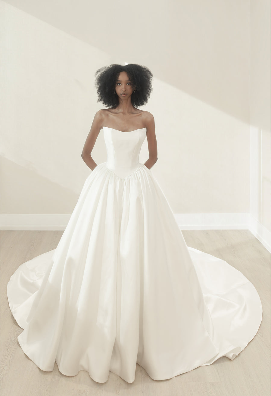 Magnolia Couture Gardenia sample sale ballgown wedding dress with mikado fabric and Basque waist front view
