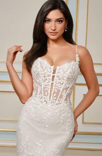 Magnolia White U2004 sample sale mermaid wedding dress with floral lace and shimmer front details view