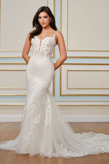 Magnolia White U2004 sample sale mermaid wedding dress with floral lace and shimmer front view