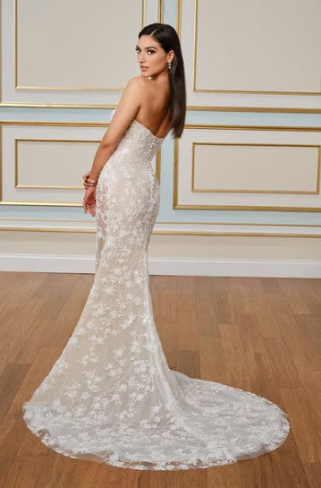 Magnolia White U2006 sample sale wedding dress with beaded floral lace and leg slit back view