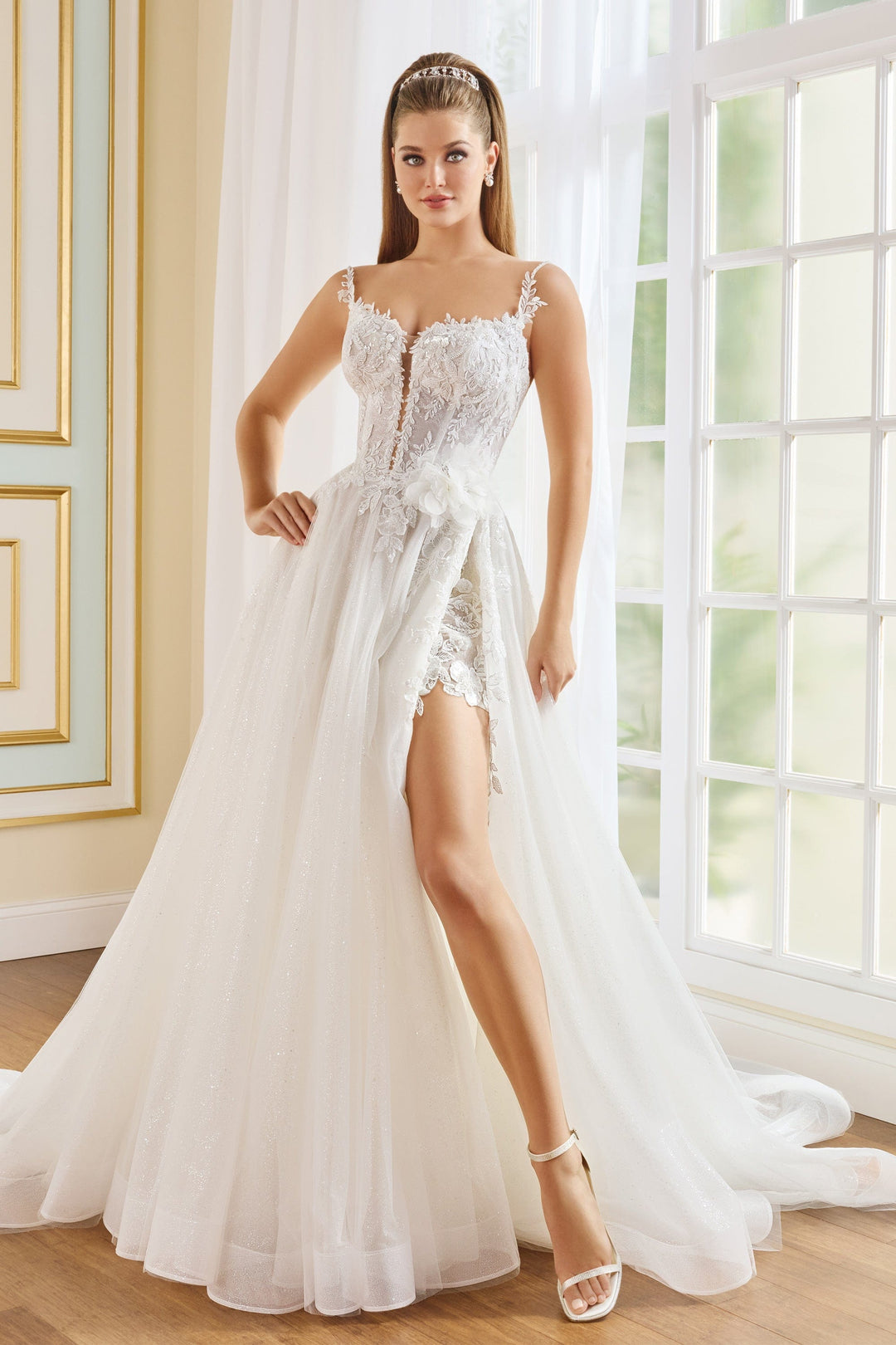 Martin Thornburg MT9111 Peony sample sale tulle wedding dress with floral lace with sparkles front view