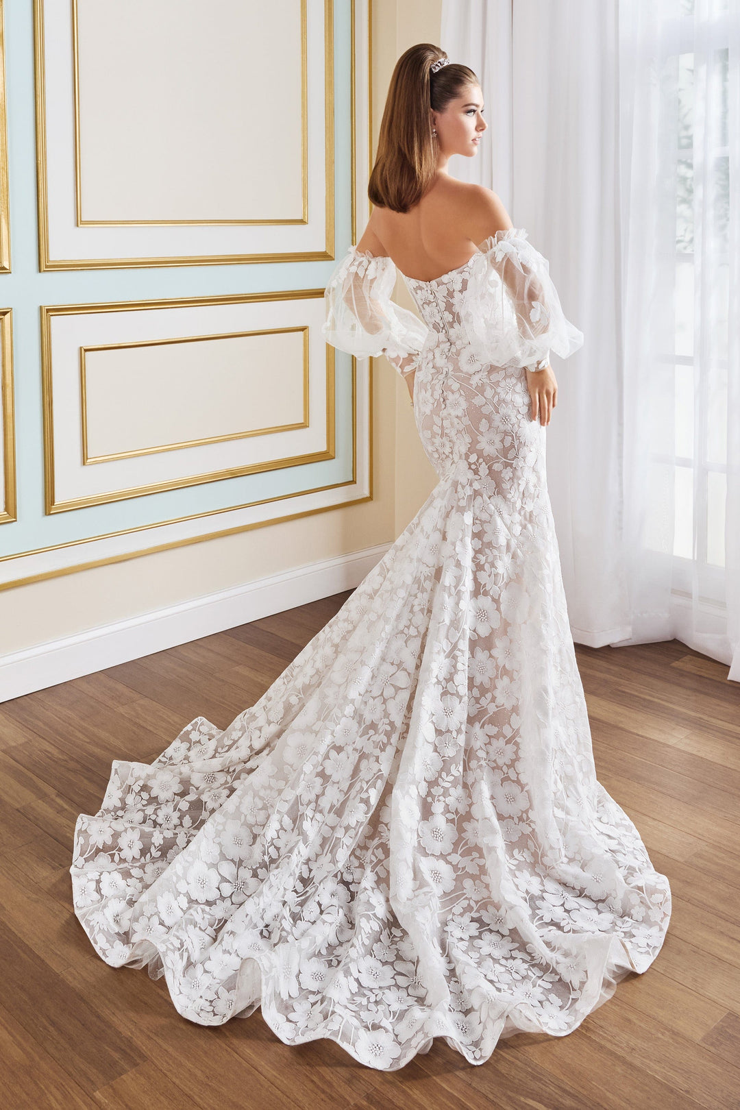 sunflower lace wedding dress Sunflower: Strapless Floral Lace Mermaid Wedding Dress with Detachable Sleeves